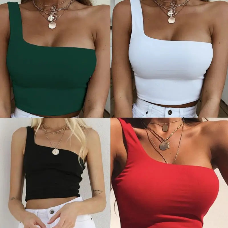 Women Sexy Cool Single One Shoulder Tank Tops Vest Bare Midriff Sleeveless T-Shirt Summer Beach Crop Top