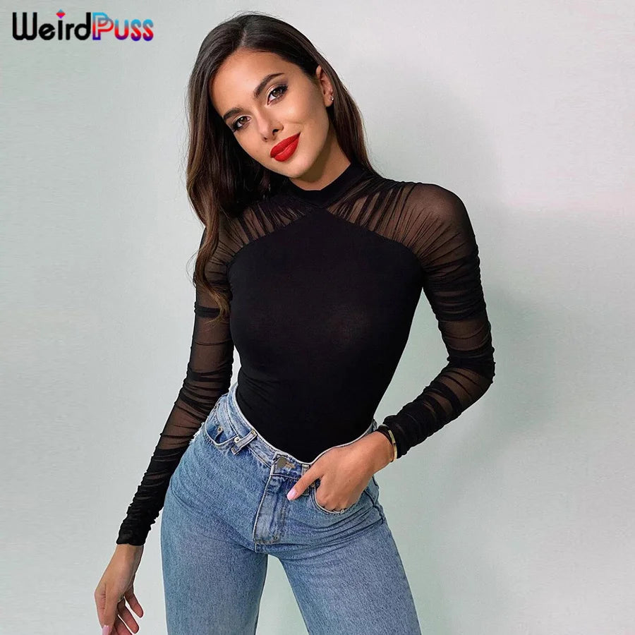 Weird Puss 2025 Mesh Patchwork Bodysuit Sexy Women Sleeve Ruched Skinny Turtleneck Bodycon Elegant Wild Tops Streetwear Outfits