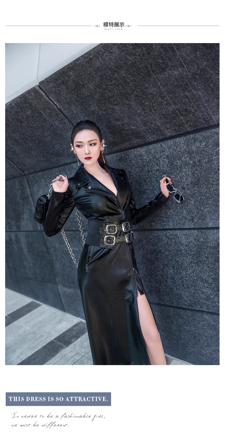 Lautaro Spring black maxi leather dress women long sleeve zipper corset Long tight dress Faux Leather dresses for women 2022