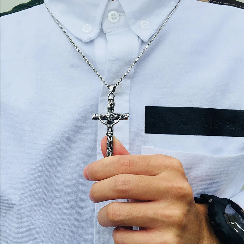 Vnox Cross Necklace for Men Women,Catholicism Jesus Pendant,Gold Color Stainless Steel Unisex Collar,Church Prayer Faith Jewelry
