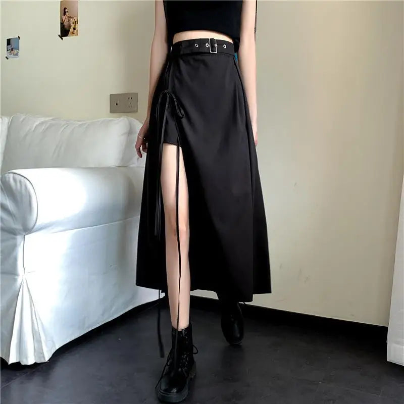 Vintage Dark Gothic High Split Mid-Calf Skirts Women Elegant Fashion Party Club High Waist Femme Bottom Streetwear Goth Skirt