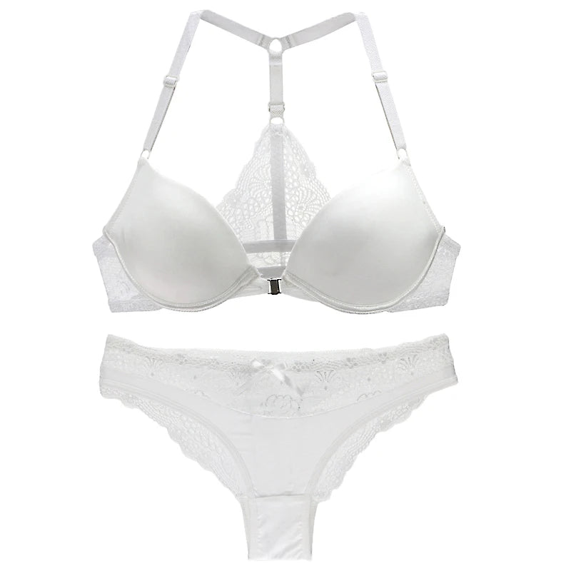 2022 New Sexy Halter Deep V Push Up Bras Set Solid Smooth Bow Decorative Women Underwear AB Cup Girls Lingerie