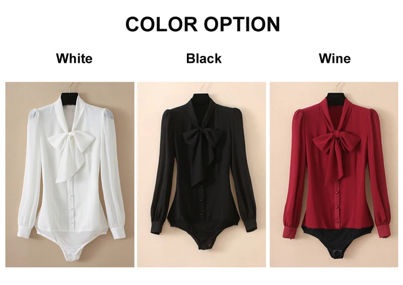 2025 Elegant Chiffon Bodysuit Women Lantern Long Sleeve Bow Tie Neck Office Work Lady Tops and Blouses Female Formal Body Shirt