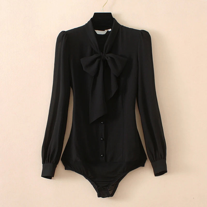 2025 Elegant Chiffon Bodysuit Women Lantern Long Sleeve Bow Tie Neck Office Work Lady Tops and Blouses Female Formal Body Shirt