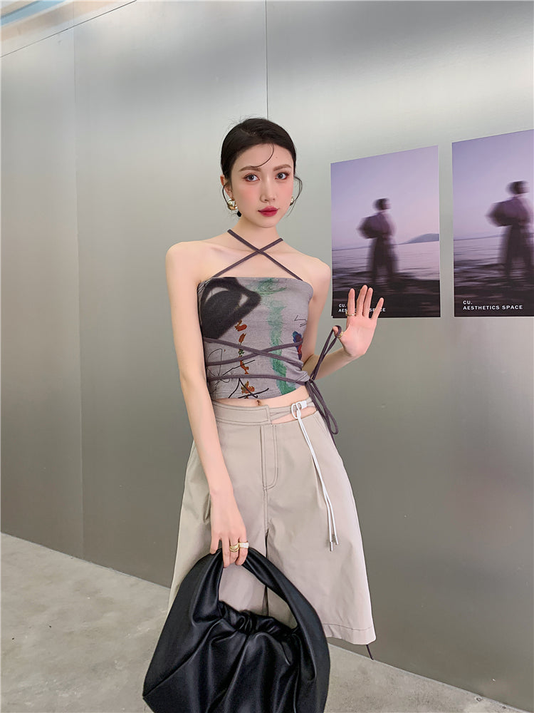 CHEERART Bandage Halter Neck Top Bodycon Backless Strapless Corset Top Women Summer 2021 Print Brown Tube Top Korean Fashion