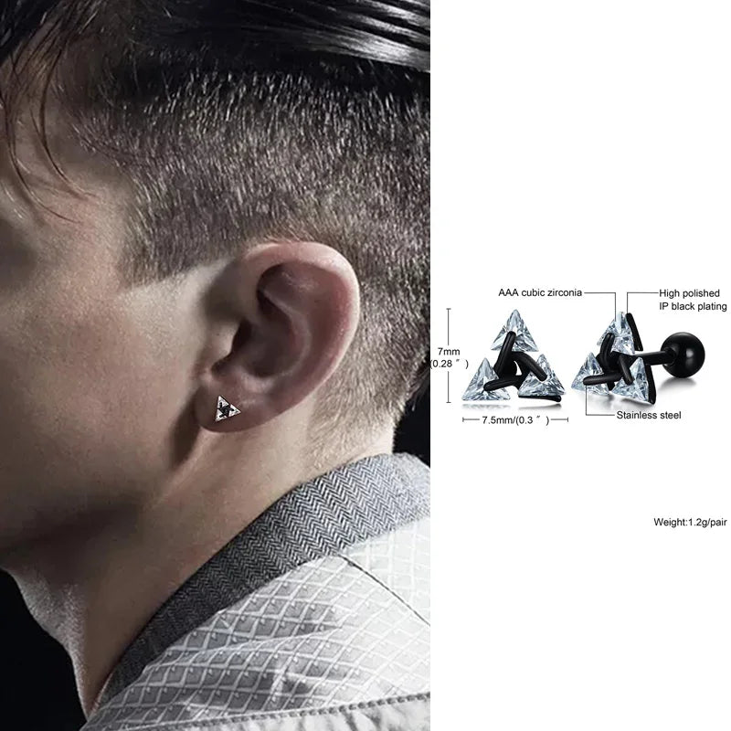 Men Stud Earring,Triangle Pierced Crystal Zircon Stud Earrings,Stainless Steel Tiny Minimalist Studs for Mens Women Jewelry