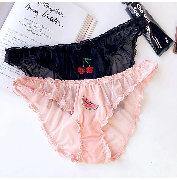 S-XXL Women Sexy Panties Lace Underpants Low-waist Panties Fruit Embroidery Perspective Briefs Female Hot Underwear Lingerie