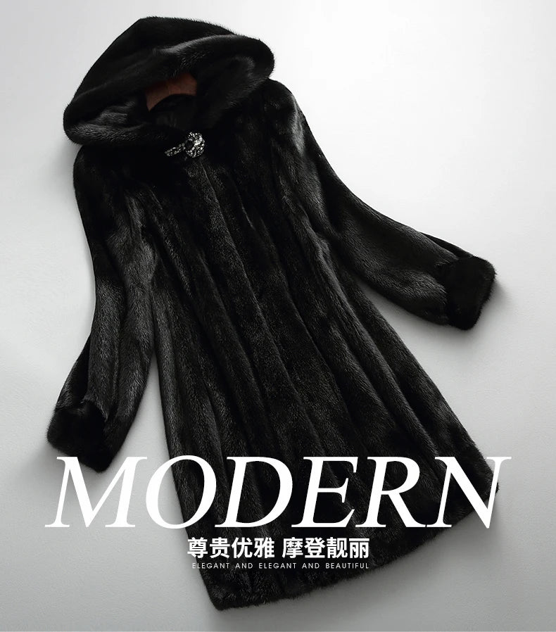 Lautaro Winter Luxury Long Black Faux Mink Fur Coat Women with Hood Long Sleeve Elegant Thick Warm Fluffy Furry Jacket 6xl 7xl