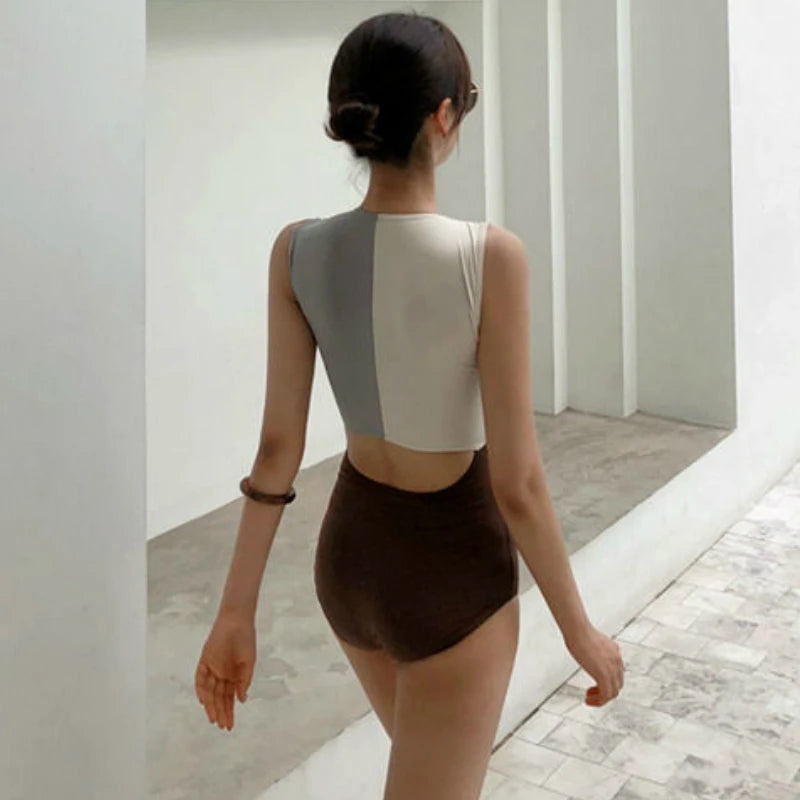 Women Bikini Set Fashion Retro Korean Style Femme One Piece Swimsuit High Waist Sexy Zipper Hollow Out Beach Wear New Swimwear