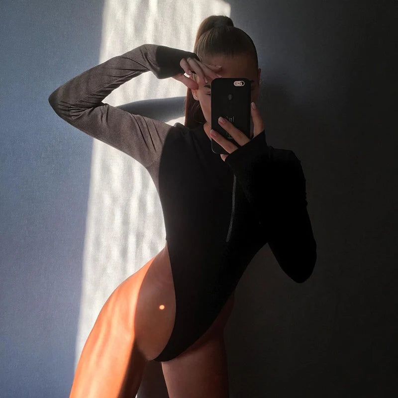 Women Long Sleeve Bodysuits Zip Up Thong Leotard Body Top Summer Fall Sexy Bodysuit Shirts Clubwear