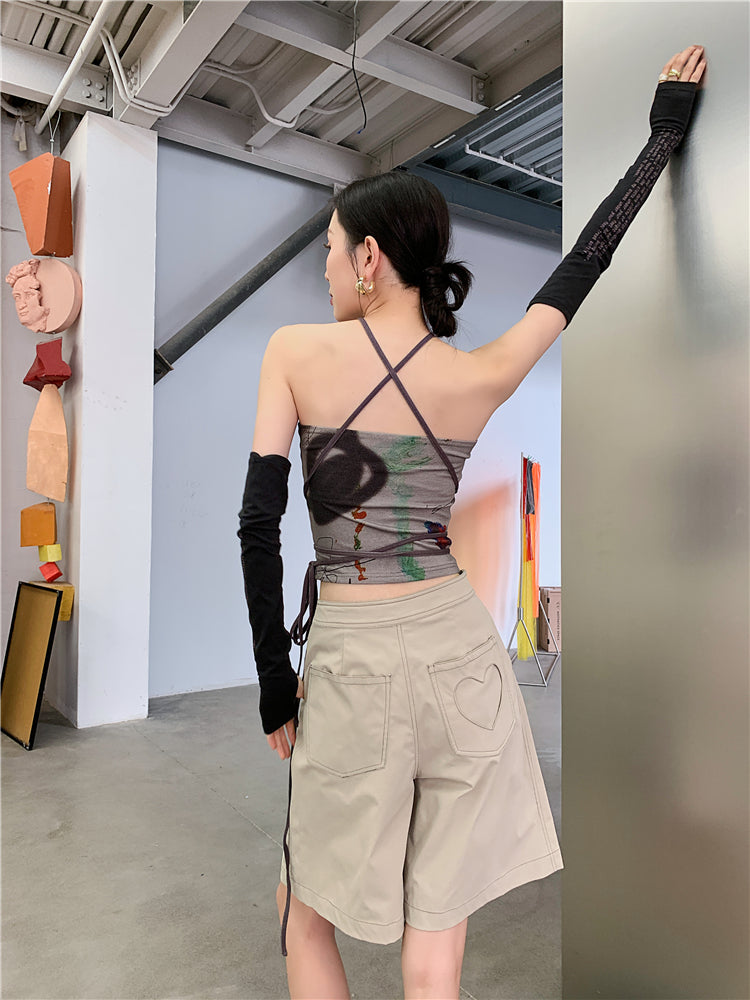 CHEERART Bandage Halter Neck Top Bodycon Backless Strapless Corset Top Women Summer 2021 Print Brown Tube Top Korean Fashion