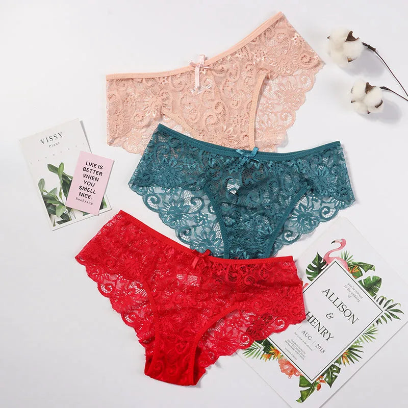 Women's Sexy Lace Panties With Big Size S-XL 5 Colors High-Crotch Transparent Floral Bow Soft Briefs Underwear Lingerie