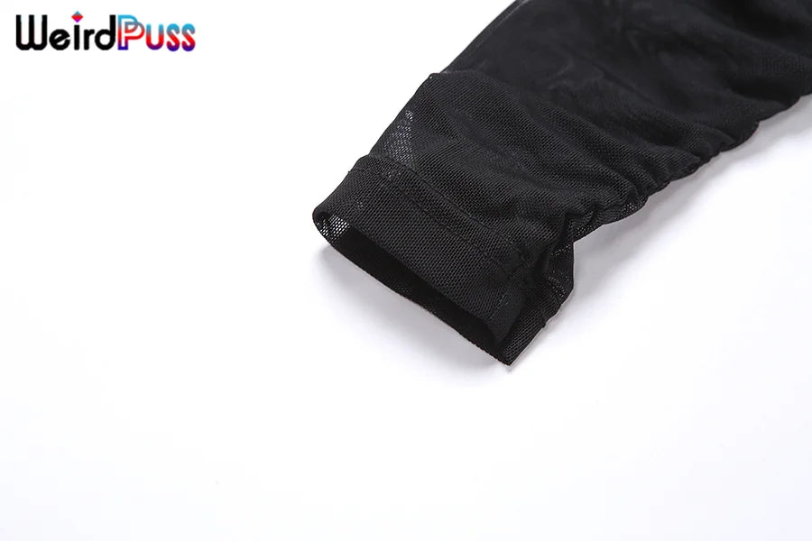 Weird Puss 2025 Mesh Patchwork Bodysuit Sexy Women Sleeve Ruched Skinny Turtleneck Bodycon Elegant Wild Tops Streetwear Outfits