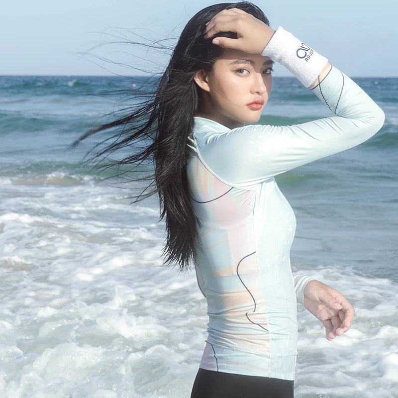 Nu-June Rash Guard Women's Long Sleeve Zipper Surfing Suit, Sun Protection, Quick Dry Bathing Suit, Front Zipper Swimsuit
