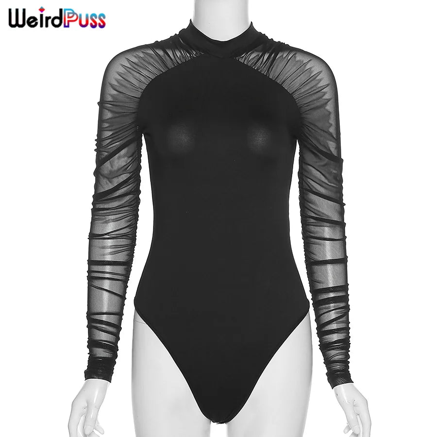 Weird Puss 2025 Mesh Patchwork Bodysuit Sexy Women Sleeve Ruched Skinny Turtleneck Bodycon Elegant Wild Tops Streetwear Outfits