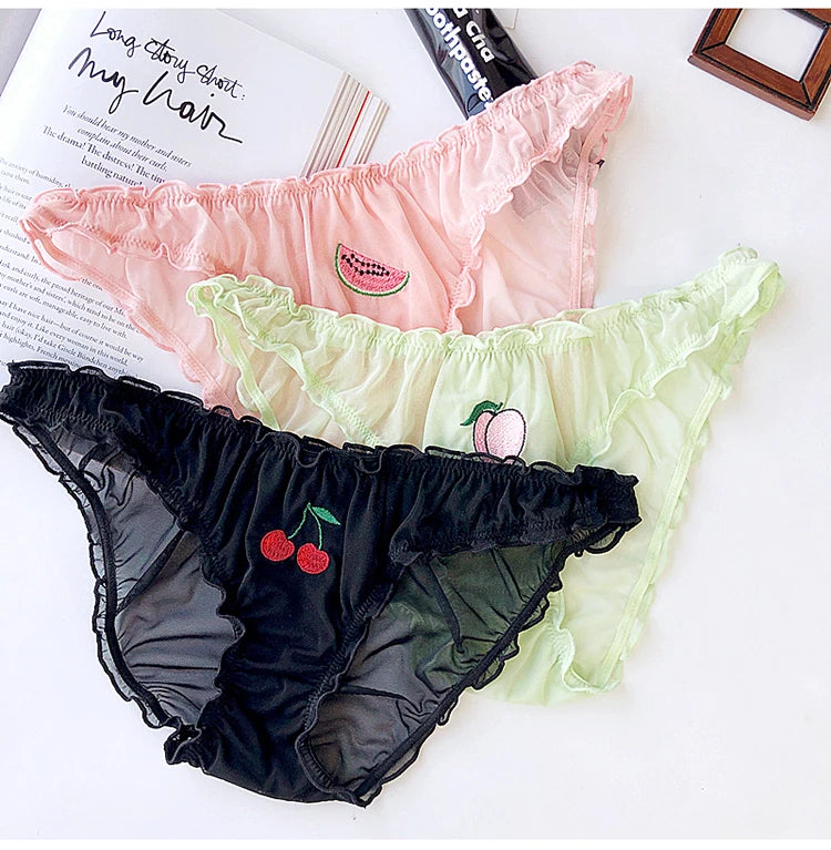 S-XXL Women Sexy Panties Lace Underpants Low-waist Panties Fruit Embroidery Perspective Briefs Female Hot Underwear Lingerie