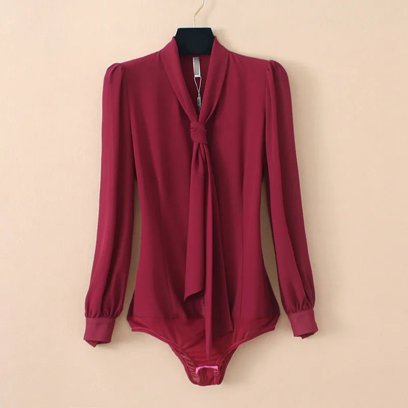 2025 Elegant Chiffon Bodysuit Women Lantern Long Sleeve Bow Tie Neck Office Work Lady Tops and Blouses Female Formal Body Shirt