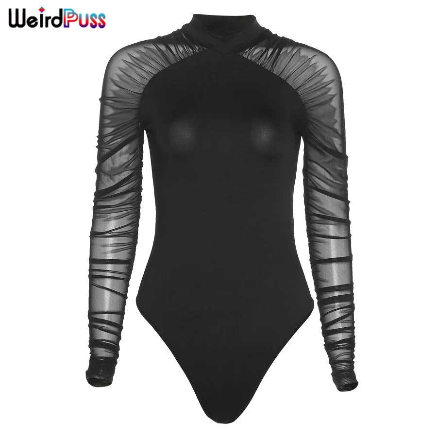 Weird Puss 2025 Mesh Patchwork Bodysuit Sexy Women Sleeve Ruched Skinny Turtleneck Bodycon Elegant Wild Tops Streetwear Outfits