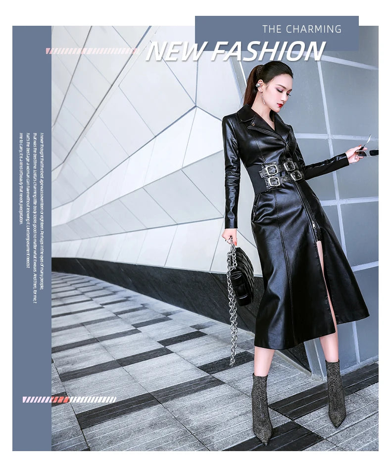 Lautaro Spring black maxi leather dress women long sleeve zipper corset Long tight dress Faux Leather dresses for women 2022