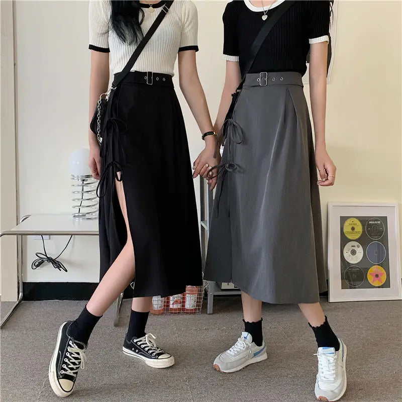 Vintage Dark Gothic High Split Mid-Calf Skirts Women Elegant Fashion Party Club High Waist Femme Bottom Streetwear Goth Skirt