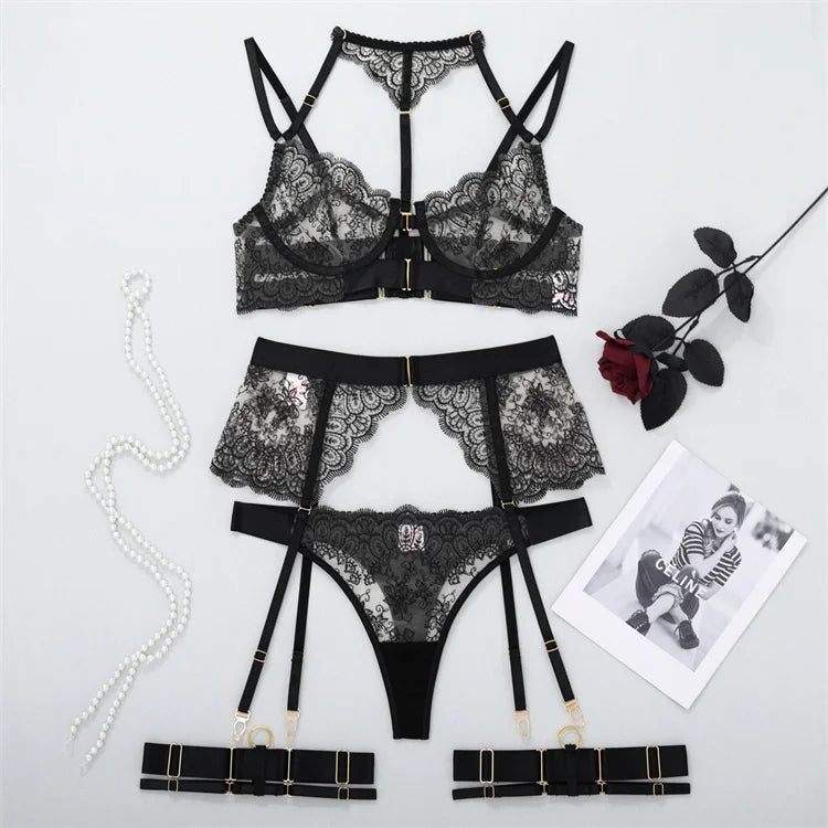 2024 New Fun and Sexy Women's Underwear Set with Ribbon Spliced Steel Rings