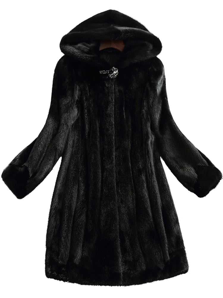 Lautaro Winter Luxury Long Black Faux Mink Fur Coat Women with Hood Long Sleeve Elegant Thick Warm Fluffy Furry Jacket 6xl 7xl