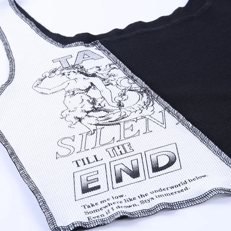 Punk Style Patchwork Tank Tops Aesthetic Letter And Graphic Print Women Crop Top Color Blocking Sleeveless Streetwear