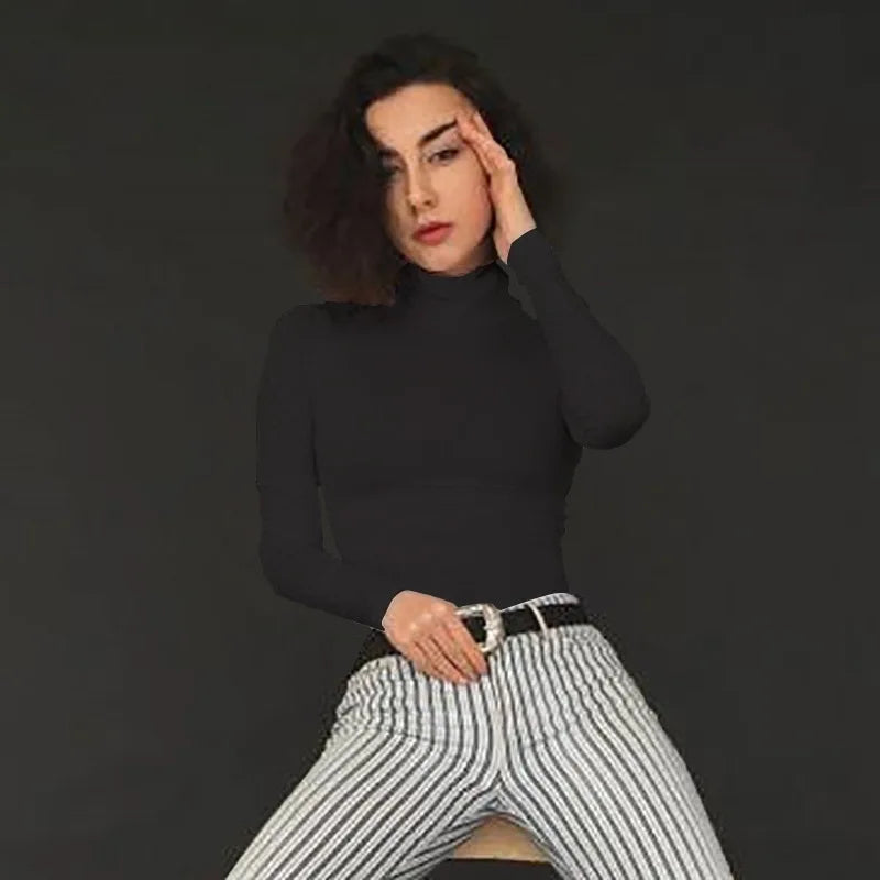 Woman Ribbed Knit Bodysuits Turtleneck  Sexy  Autumn Long Sleeve Bodycon Pullover Soft Elastic Knitting Tops