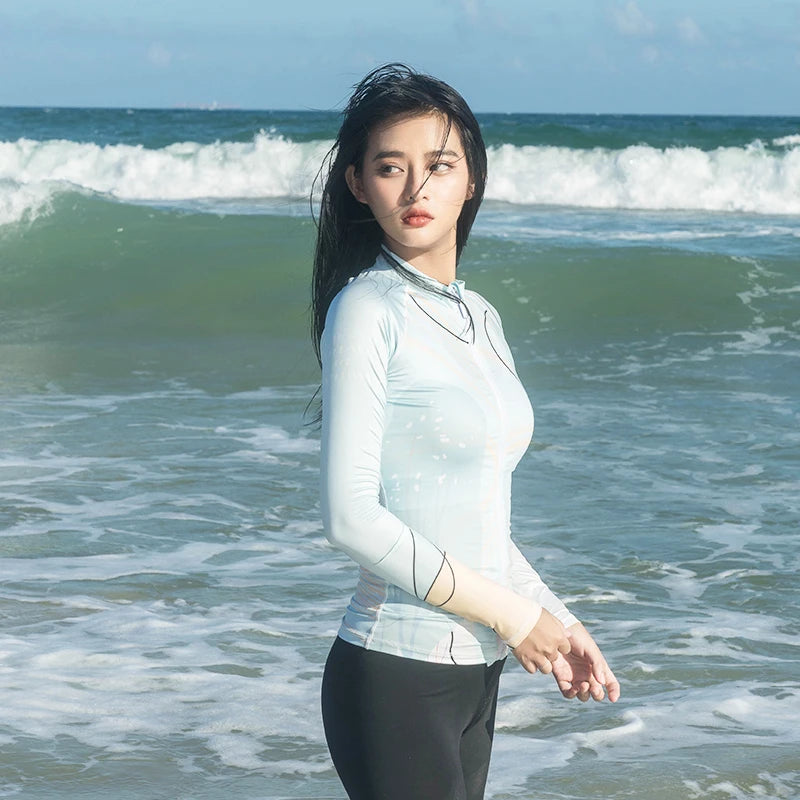 Nu-June Rash Guard Women's Long Sleeve Zipper Surfing Suit, Sun Protection, Quick Dry Bathing Suit, Front Zipper Swimsuit