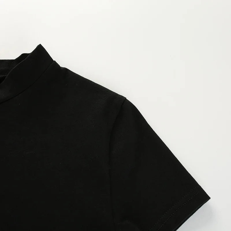 2025 Summer Women Black Short T-Shirts Sexy Crop Tops Short Sleeve Bandage Tee Tops Female Shirts