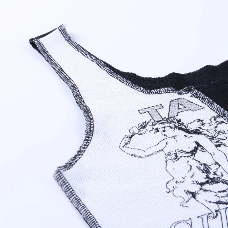 Punk Style Patchwork Tank Tops Aesthetic Letter And Graphic Print Women Crop Top Color Blocking Sleeveless Streetwear