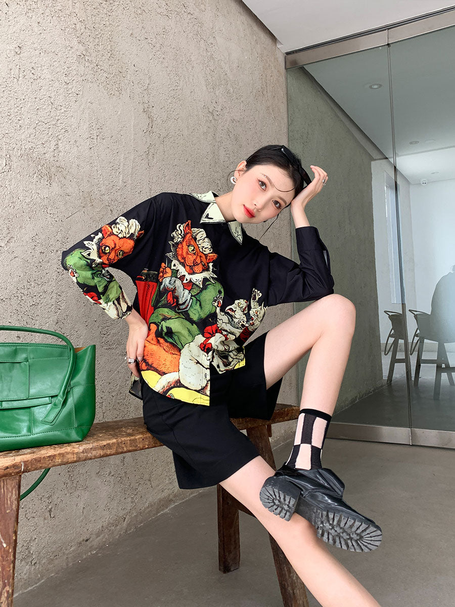 CHEERART Designer Black Long Sleeve Button Up Shirt Women Print High Fashion 2021 Collared Summer Top And Blouse Aesthetic Shirt