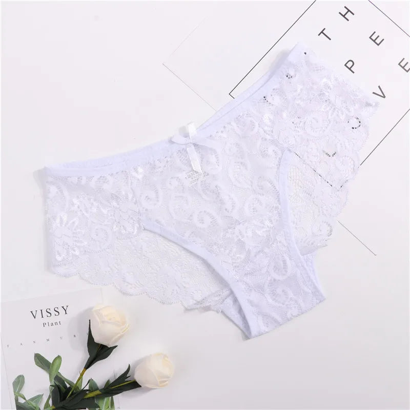Women's Sexy Lace Panties With Big Size S-XL 5 Colors High-Crotch Transparent Floral Bow Soft Briefs Underwear Lingerie