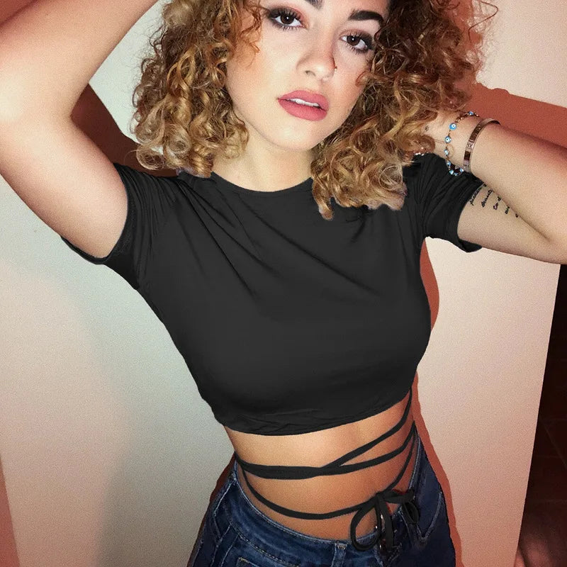 2025 Summer Women Black Short T-Shirts Sexy Crop Tops Short Sleeve Bandage Tee Tops Female Shirts