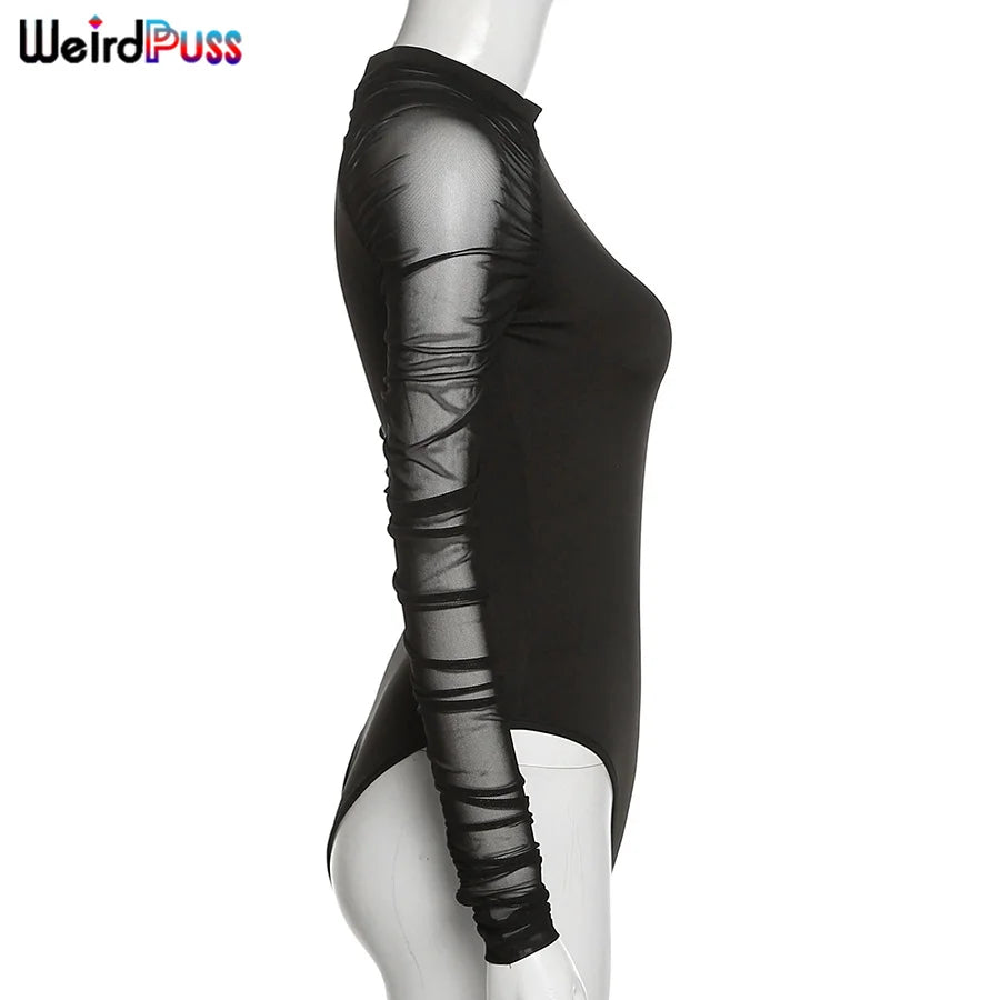 Weird Puss 2025 Mesh Patchwork Bodysuit Sexy Women Sleeve Ruched Skinny Turtleneck Bodycon Elegant Wild Tops Streetwear Outfits