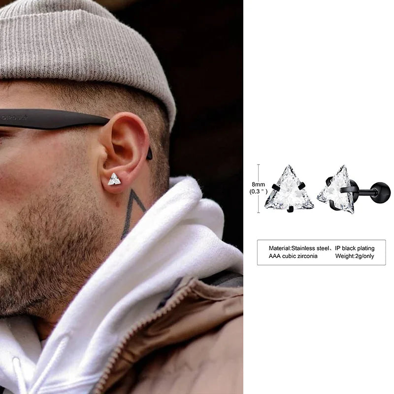 Men Stud Earring,Triangle Pierced Crystal Zircon Stud Earrings,Stainless Steel Tiny Minimalist Studs for Mens Women Jewelry