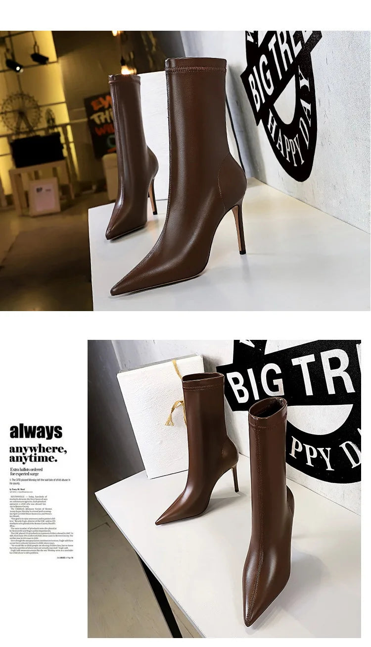 BIGTREE Shoes Leather Boots Women Ankle Boots Autumn Winter Boots Women High Heels Short Boots Ladies Booties Chaussures Femme