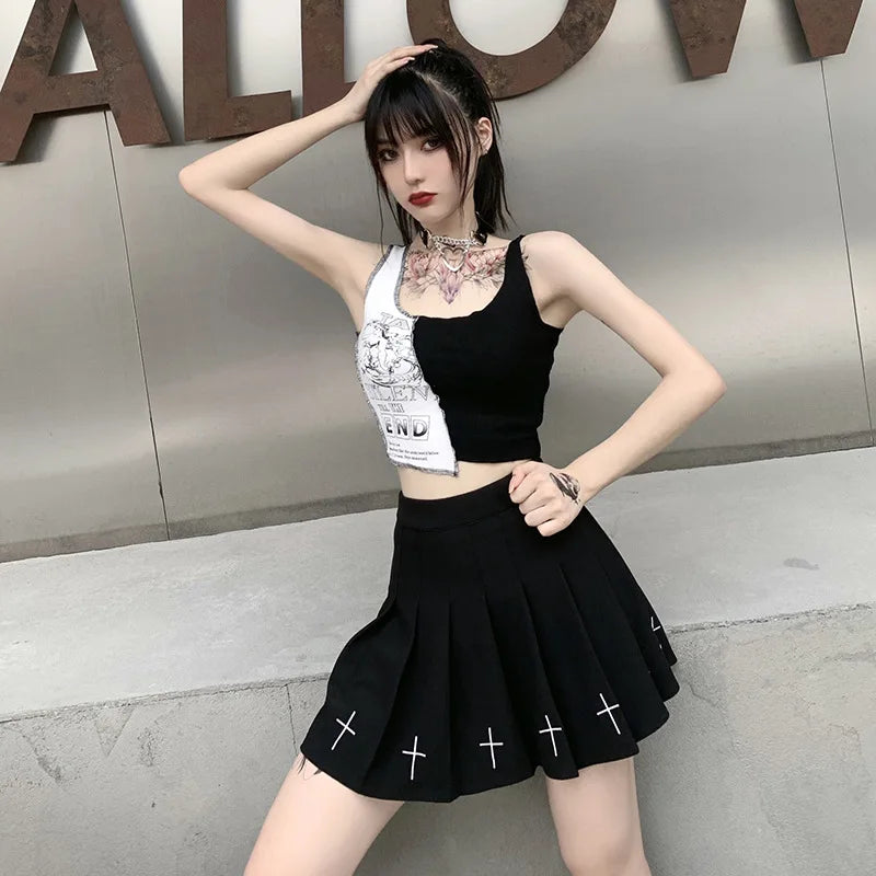 Punk Style Patchwork Tank Tops Aesthetic Letter And Graphic Print Women Crop Top Color Blocking Sleeveless Streetwear