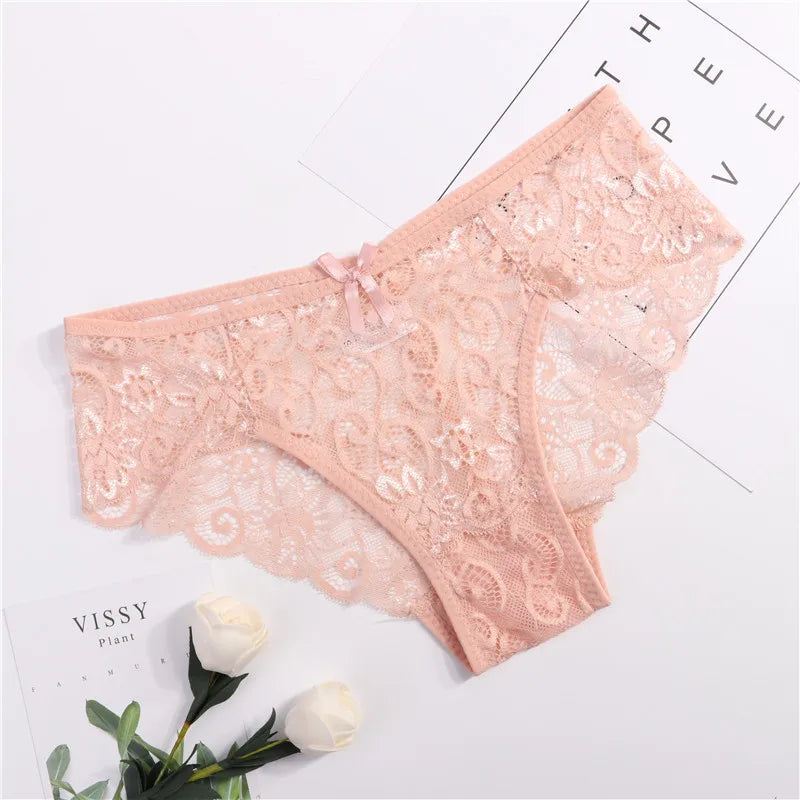 Women's Sexy Lace Panties With Big Size S-XL 5 Colors High-Crotch Transparent Floral Bow Soft Briefs Underwear Lingerie