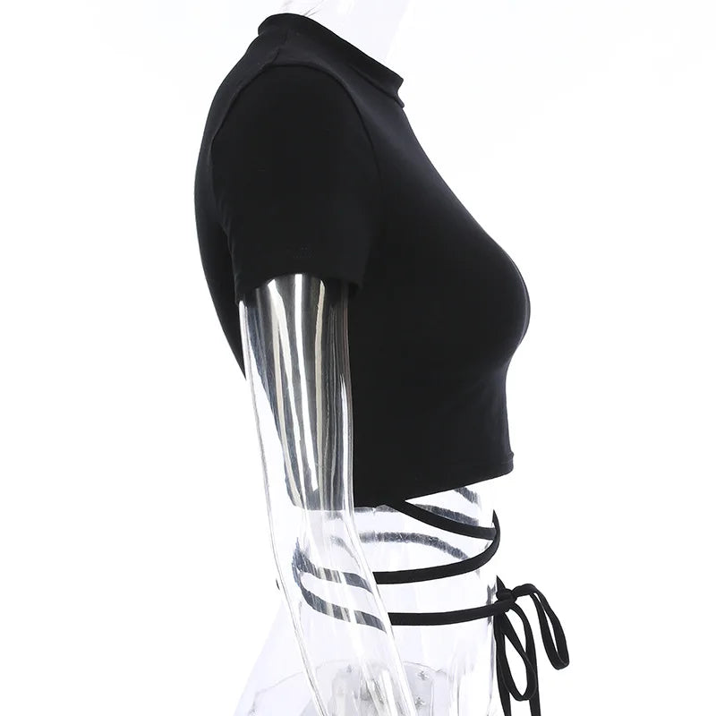 2025 Summer Women Black Short T-Shirts Sexy Crop Tops Short Sleeve Bandage Tee Tops Female Shirts
