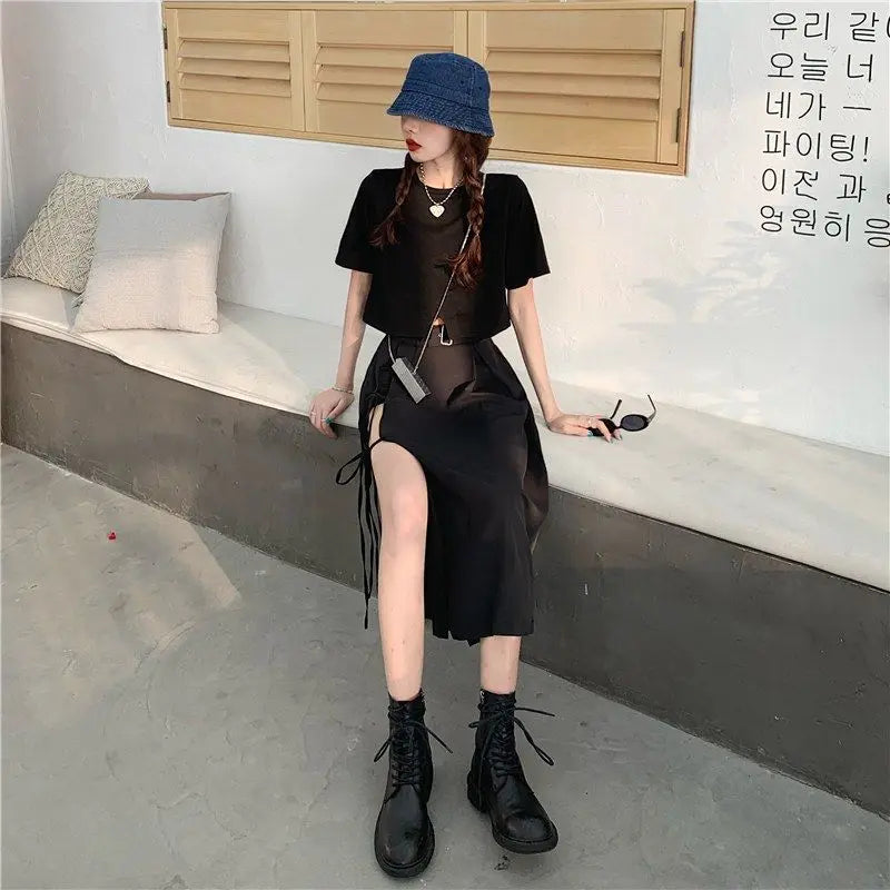 Vintage Dark Gothic High Split Mid-Calf Skirts Women Elegant Fashion Party Club High Waist Femme Bottom Streetwear Goth Skirt