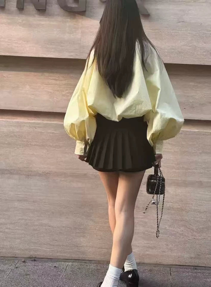 Women's Look Younger Instantly Elegant Shirt Turn-down Collar Long Puffy Sleeve Cropped Blouse Spring Casual Office Lady Blouse