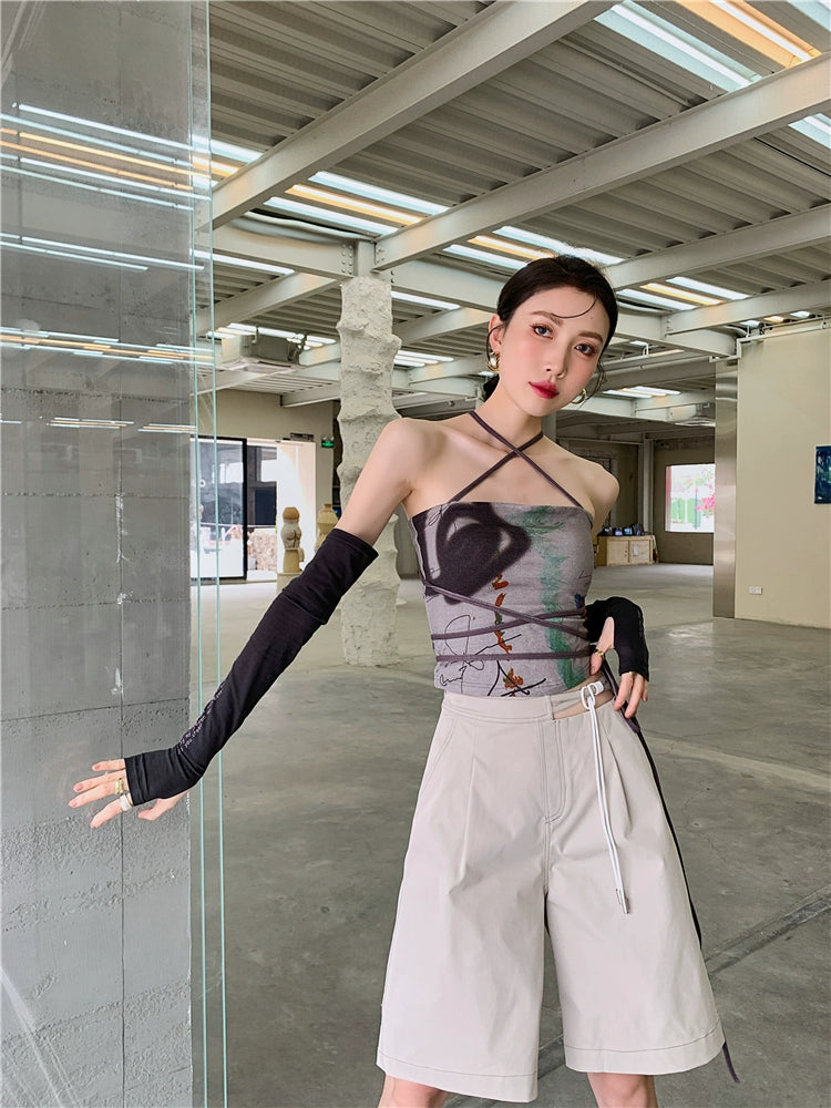 CHEERART Bandage Halter Neck Top Bodycon Backless Strapless Corset Top Women Summer 2021 Print Brown Tube Top Korean Fashion