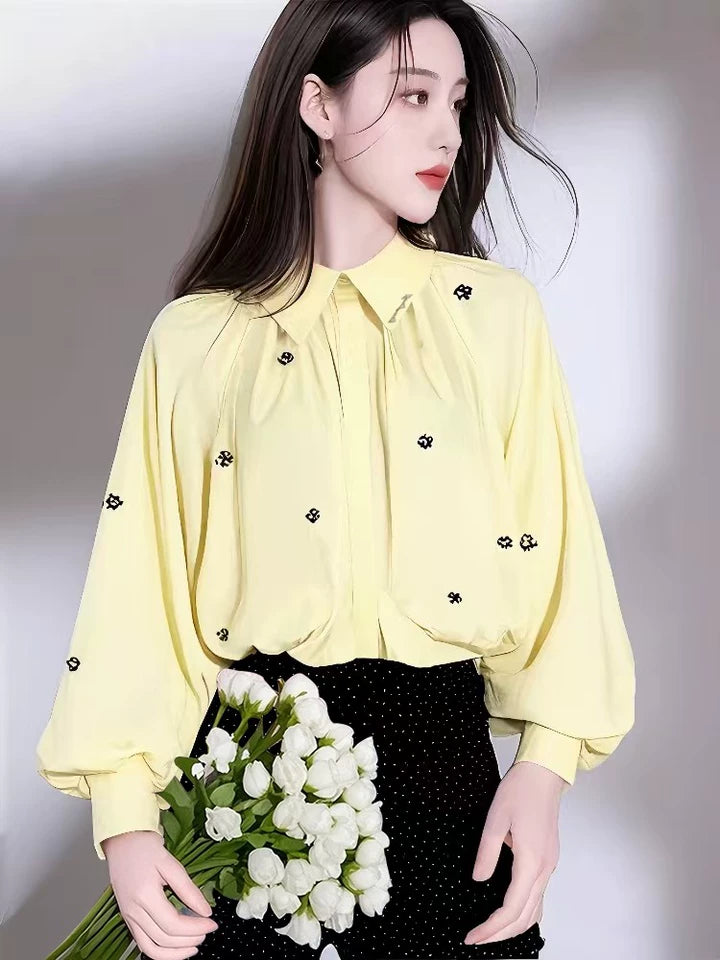 Women's Look Younger Instantly Elegant Shirt Turn-down Collar Long Puffy Sleeve Cropped Blouse Spring Casual Office Lady Blouse