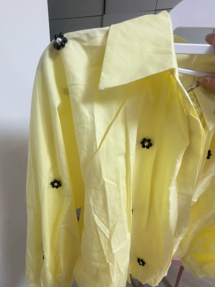 Women's Look Younger Instantly Elegant Shirt Turn-down Collar Long Puffy Sleeve Cropped Blouse Spring Casual Office Lady Blouse