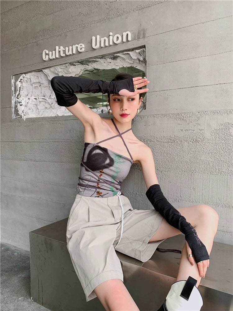 CHEERART Bandage Halter Neck Top Bodycon Backless Strapless Corset Top Women Summer 2021 Print Brown Tube Top Korean Fashion