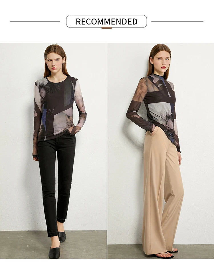 AMII Minimalism Long sleeve T-shirts for Women 2025 Spring New Bottoming Shirt Mesh Printing Inside Slim Trendy Tops 12421003