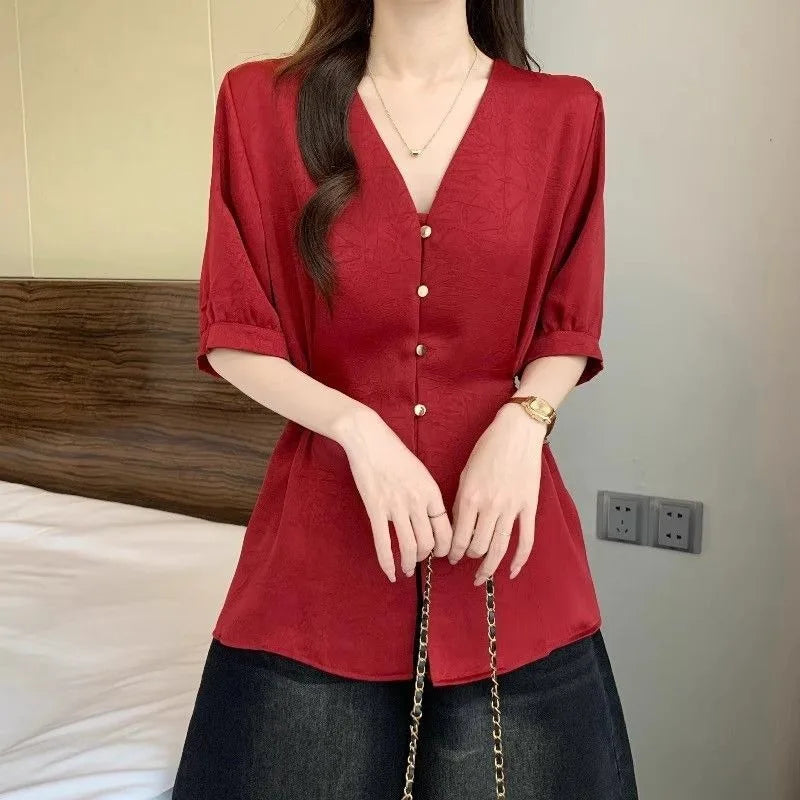 Women Clothes Summer Fashion Korean Button Solid Color V-neck Puff Sleeve Female Simplicity Elegant Temperament Short Sleeve Top