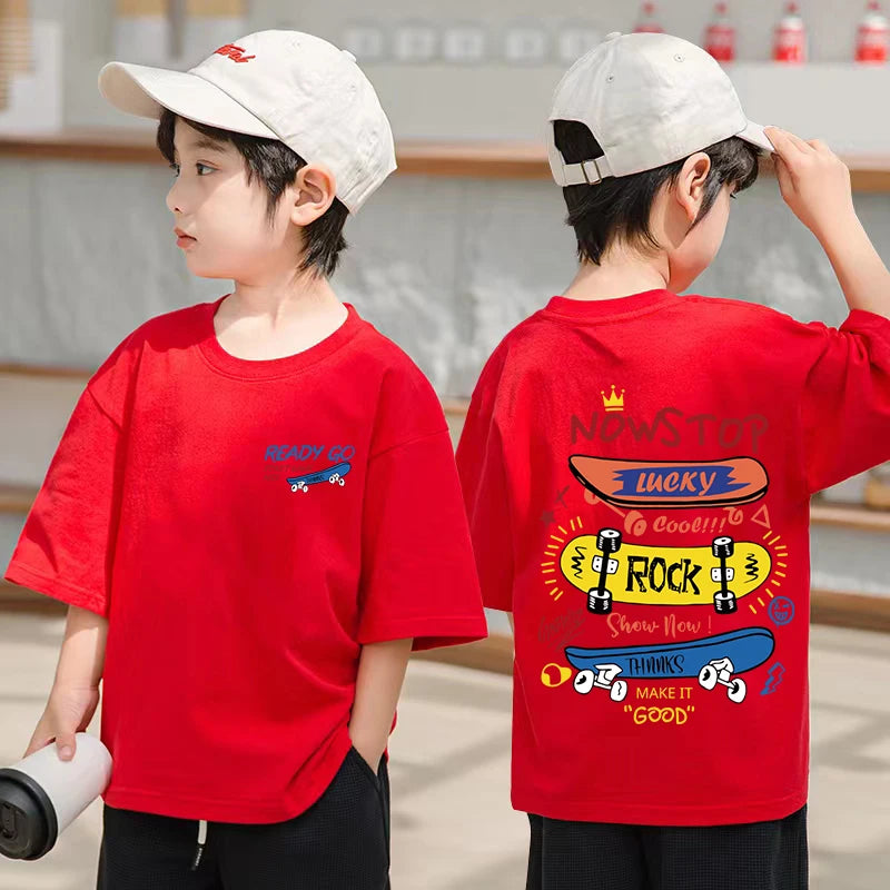 Skateboard Pattern Design Children's Tops Summer Boys Girls Short Sleeve T-shirts Cotton Korean Kids Clothes 2025 7-13Y 4-6Y