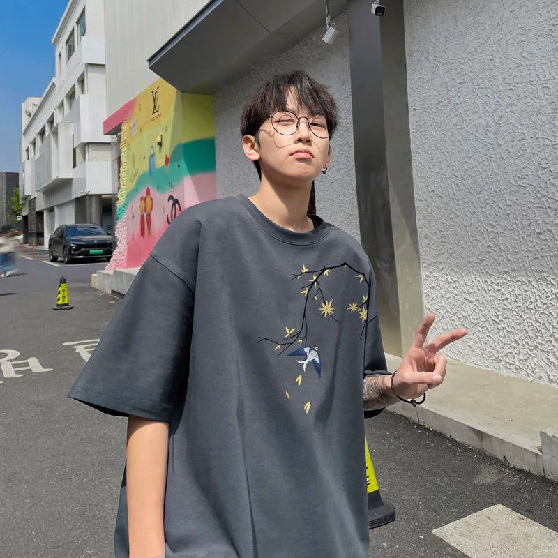 Men's Oversized T-shirts Mens Cotton T Shirt White Casual 5XL Summer Wear Fashion Bird Print Tee Shirts for Men Clothing